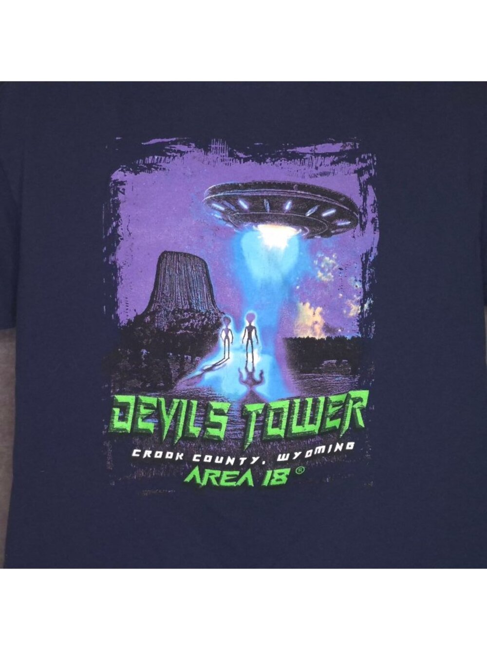 Devils Tower Area 18 Alien T-Shirt Navy Blue Graphic Tee Large 100% Cotton